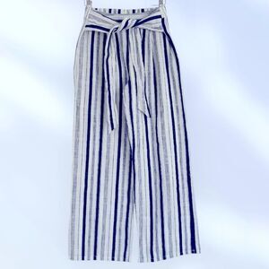 Wide Leg Pants NEW Pull On Slub Cotton Coastal Waist Tie Blue White Size S